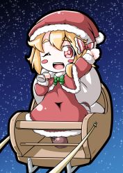 Rule 34 | 1girl, bag, blonde hair, blush stickers, bow, capelet, dress, hair bow, hat, highres, long sleeves, one eye closed, open mouth, red dress, red eyes, roco (katsuya1011), rumia, santa costume, santa hat, sky, sleigh, smile, solo, star (sky), starry sky, touhou