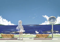 Rule 34 | 1girl, absurdres, alternate costume, barefoot, bird, blue hair, chinese commentary, cloud, doris (hololive), dress, fins, head fins, highres, hololive, hololive china, long hair, looking back, ocean, qinxinqinxinqin, scenery, seagull, sign, sky, smile, solo, virtual youtuber, water, white dress