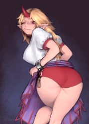 Rule 34 | 1girl, ass, bare arms, bare legs, blonde hair, buruma, chain, closed mouth, clothes lift, cowboy shot, cuffs, envenomist (gengoroumaru), from behind, half-closed eye, highres, horns, hoshiguma yuugi, leaning forward, lifting own clothes, long hair, looking at viewer, looking back, one eye closed, pointy ears, red eyes, shackles, shirt, short sleeves, single horn, skirt, skirt lift, solo, touhou