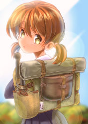 Rule 34 | 1girl, backpack, bag, bedroll, blurry, blurry background, blush, brown hair, commentary, entrenching tool, imperial japanese army, looking at viewer, looking back, m tap, military, original, pot, school uniform, solo, translated, twintails, yellow eyes
