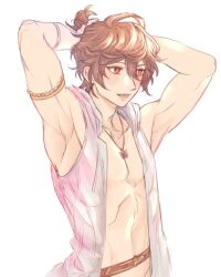 Rule 34 | 1boy, ahoge, armlet, arms up, belt, blush, bottomless, brown hair, commentary, english commentary, granblue fantasy, hair between eyes, hands in hair, hihazuki, jewelry, male focus, messy hair, necklace, parted lips, pectorals, red eyes, sandalphon (granblue fantasy), shirt, short hair, sketch, sleeveless, sleeveless shirt, summer, topless male, wet, wet clothes, wet hair, white background