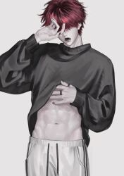 Rule 34 | 1boy, black nails, black sweater, clothes lift, covered eyes, cowboy shot, fang, finger piercing, hand on own face, hand under clothes, hand under shirt, hand up, highres, jewelry, k0n666, lip piercing, long bangs, long sleeves, lower teeth only, male focus, navel, open mouth, original, pants, piercing, red hair, ring, shirt, shirt lift, short hair, simple background, solo, sweater, sweatpants, teeth, yawning