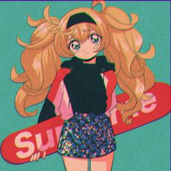 Rule 34 | 1girl, alternate costume, anaglyph, anno88888, bad id, bad twitter id, blonde hair, blue background, blue eyes, chromatic aberration, closed mouth, gambier bay (kancolle), hairband, highres, holding, hood, hood down, hoodie, jacket, kantai collection, long hair, multicolored clothes, multicolored hoodie, paint splatter, simple background, skirt, sleeves past fingers, sleeves past wrists, snowboard, solo, twintails