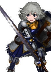 Rule 34 | &gt;:o, 10s, 1girl, :o, armor, bad id, bad pixiv id, blue eyes, blue skirt, farrah (granblue fantasy), flipped hair, granblue fantasy, grey hair, highres, holding, holding sword, holding weapon, open mouth, pauldrons, purple eyes, shield, short hair, shoulder armor, simple background, skirt, solo, sword, v-shaped eyebrows, wasabi60, weapon, white background