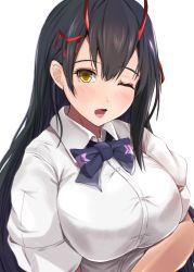 Rule 34 | 1girl, absurdres, azur lane, black hair, blush, bow, bowtie, breasts, buttons, commentary request, highres, horns, kanzaki kureha, large breasts, lips, long hair, one eye closed, open mouth, parted lips, red ribbon, ribbon, shirt, sleeves rolled up, solo, suzuya (azur lane), upper body, very long hair, white background, yellow eyes