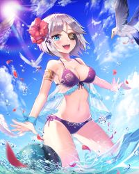 Rule 34 | 1girl, :d, bikini, blue eyes, blurry, blush, breasts, cleavage, cloud, day, depth of field, eyepatch, feathers, fisheye, flower, gradient background, hair flower, hair ornament, hair ribbon, hibiscus, highres, iri flina, lens flare, medium breasts, navel, open mouth, outstretched arms, outstretched hand, purple bikini, ribbon, see-through, shiny skin, shoonear, short hair, side-tie bikini bottom, silver hair, sky, smile, solo, sparkle, sun, sunlight, swimsuit, sword girls, wading