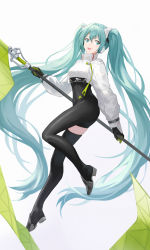 Rule 34 | 1girl, :d, absurdly long hair, absurdres, asymmetrical legwear, black bodysuit, black gloves, blue eyes, blue hair, bodysuit, boots, covered navel, floating hair, from side, gloves, green gloves, hair between eyes, hatsune miku, headphones, highres, holding, long hair, long sleeves, open mouth, racing miku, racing miku (2022), sensu, simple background, smile, solo, thigh boots, thighhighs, twintails, two-tone gloves, very long hair, vocaloid, white background