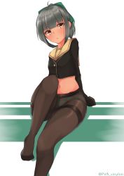 Rule 34 | 1girl, absurdres, adapted costume, alternate costume, blunt bangs, blush, bow, brown eyes, commentary request, green bow, grey hair, hair bow, highres, kantai collection, knee up, legs, long hair, looking at viewer, navel, no pants, panties, panties under pantyhose, pantyhose, plantar flexion, school uniform, simple background, sitting, sleeves past wrists, solo, thighband pantyhose, thighs, twitter username, underwear, uut, white background, yuubari (kancolle)