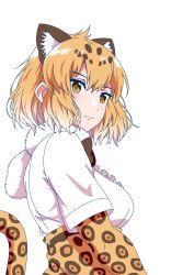 Rule 34 | 1girl, animal ear fluff, animal ears, animal print, arm at side, bow, bowtie, brown eyes, brown hair, closed mouth, elbow gloves, extra ears, frills, from side, fur scarf, gloves, high-waist skirt, highres, jaguar (kemono friends), jaguar ears, jaguar print, jaguar tail, kemono friends, light brown hair, looking at viewer, looking to the side, mamiyama, medium hair, multicolored hair, print gloves, print skirt, scarf, shirt, short sleeves, sidelocks, simple background, skirt, smile, solo, tail, two-tone hair, upper body, white background