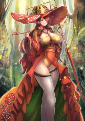 Rule 34 | 1girl, breasts, brown hair, cleavage, commentary request, copyright request, day, dress, flower, forest, gold leotard, green hair, grey thighhighs, groin, hair over one eye, hat, highres, holding, holding smoking pipe, holding staff, large breasts, light particles, long hair, looking at viewer, mole, mole under eye, multicolored hair, nail polish, nature, ohako (ohako1818), original, outdoors, pink nails, plant, rafflesia (flower), rafflesia arnoldi, red eyes, roots, shrug (clothing), sidelocks, smile, smoke, smoking pipe, solo, staff, standing, thighhighs, very long hair