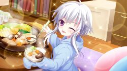 Rule 34 | 1girl, ahoge, blue hoodie, book, bookshelf, bowl, chopsticks, cup, dot nose, film grain, food, game cg, grey hair, holding, holding bowl, holding ladle, hood, hoodie, ichijou ruka, indoors, izumi tsubasu, ladle, lens flare, long sleeves, looking at viewer, non-web source, official art, on floor, one eye closed, open mouth, purple eyes, re:stage!, round table, rug, short hair with long locks, smile, solo, sparkle, sukiyaki, table, wooden floor, wooden table