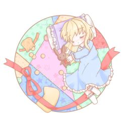 Rule 34 | 1girl, blonde hair, buttons, cat-shaped pillow, coto mugi, floral print, food, frilled socks, frills, long hair, lying, maribel hearn, nightgown, on side, outside border, pajamas, patchworks, pillow, rabbit, red ribbon, ribbon, round image, sleeping, socks, star (symbol), star print, stuffed animal, stuffed rabbit, stuffed toy, sweets, touhou, triangle print