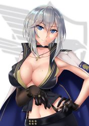 Rule 34 | 1girl, absurdres, asymmetrical clothes, azur lane, black choker, black gloves, blue eyes, breasts, check commentary, choker, cleavage, commentary request, cross, cross necklace, eagle union (emblem), gloves, highres, jewelry, large breasts, looking at viewer, midriff, mole, mole on breast, navel, necklace, sakuya (liao kj), silver hair, smile, upper body, washington (azur lane)