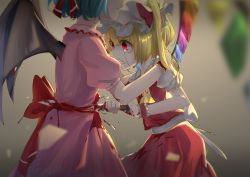 Rule 34 | 2girls, absurdres, arms up, ascot, bat wings, blonde hair, blood, blood on clothes, blood on hands, bloody wings, blue hair, blurry, blurry foreground, chinese commentary, clenched teeth, commentary request, cowboy shot, crying, crying with eyes open, dagger, expressionless, flandre scarlet, gaanzi, glowing, glowing eyes, grey background, hands on another&#039;s shoulders, hat, head out of frame, highres, holding, holding knife, impaled, knife, mob cap, multiple girls, pink shirt, pink skirt, puffy short sleeves, puffy sleeves, red eyes, red skirt, red vest, remilia scarlet, sash, shirt, short hair, short sleeves, siblings, side ponytail, sisters, skirt, skirt set, stab, streaming tears, tears, teeth, touhou, vest, weapon, white shirt, wings, wrist cuffs, yellow ascot