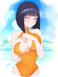 Rule 34 | 1girl, absurdres, aetherion, beach, blunt bangs, blush, bob cut, breasts, cleavage cutout, clothing cutout, covered erect nipples, covered navel, half-closed eyes, hands on own chest, highres, hyuuga hinata, inverted bob, large breasts, looking at viewer, naruto, naruto (series), one-piece swimsuit, orange one-piece swimsuit, purple eyes, purple hair, short hair, solo, swimsuit, wet