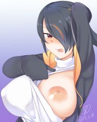 Rule 34 | 10s, 1girl, 2017, 9rimson, :p, arm up, artist name, black hair, blush, breasts, brown eyes, covered erect nipples, dated, emperor penguin (kemono friends), hair over one eye, hands in opposite sleeves, highres, hood, hoodie, huge breasts, kemono friends, large areolae, leotard, leotard pull, lips, long sleeves, looking at viewer, multicolored hair, nipples, one breast out, open clothes, open hoodie, orange hair, pulled by self, solo, streaked hair, tongue, tongue out, turtleneck, upper body, white leotard