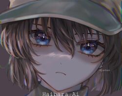 Rule 34 | 1girl, artist name, baseball cap, blue eyes, bob cut, brown hair, character name, close-up, closed mouth, commentary, english commentary, frown, haibara ai, hair between eyes, hat, head tilt, ju-chan art, looking at viewer, meitantei conan, portrait, short hair, simple background, solo, straight-on