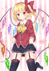 Rule 34 | 1girl, alternate costume, black thighhighs, blonde hair, blouse, blush, bow, casual, colored eyelashes, contemporary, embarrassed, flandre scarlet, floral background, frilled skirt, frills, garter straps, hair between eyes, hair bow, hair ribbon, hyurasan, jacket, kneeling, looking at viewer, miniskirt, multicolored background, neck ribbon, pleated skirt, red eyes, red jacket, red ribbon, ribbon, shirt, side ponytail, skirt, skirt hold, solo, striped, striped background, thighhighs, touhou, vampire, white shirt, zettai ryouiki