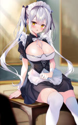 Rule 34 | 1girl, absurdres, apron, apron lift, between breasts, black dress, blurry, blurry background, blush, breasts, brown eyes, cleavage, clothes lift, commentary request, depth of field, dress, feet out of frame, frilled apron, frills, highres, kisaragi yuri, large breasts, lifting own clothes, long hair, looking at viewer, maid, original, parted lips, puffy short sleeves, puffy sleeves, short sleeves, silver hair, sitting, solo, thighhighs, twintails, very long hair, white apron, white thighhighs