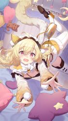 Rule 34 | 1girl, ahoge, animal ear fluff, animal ears, bed, blonde hair, blush, bow, bowtie, breasts, brown footwear, cat ears, cat tail, cleavage cutout, clothing cutout, crescent, cushion, fallen down, foot out of frame, frilled hairband, frills, girl cafe gun, hairband, highres, indoors, kaanal scott, leg up, long hair, long sleeves, low twintails, official art, open hand, open mouth, outstretched arms, outstretched hand, pink eyes, puffy long sleeves, puffy sleeves, small breasts, solo, square mouth, star ornament, striped clothes, striped thighhighs, stuffed animal, stuffed cat, stuffed toy, tail, thighhighs, twintails, vertical-striped clothes, vertical-striped thighhighs, white bow, white bowtie, white hairband, white thighhighs