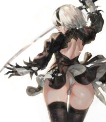 Rule 34 | 1girl, aoin, ass, back, blindfold, blush, covering privates, covering ass, cowboy shot, gloves, highres, mole, mole under mouth, nier (series), nier:automata, panties, silver hair, skirt, solo, sword, thighhighs, two-sided fabric, two-sided skirt, underwear, upskirt, weapon, white panties, 2b (nier:automata)