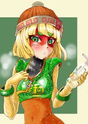 Rule 34 | 1girl, :/, arms (game), beanie, bendy straw, blonde hair, blunt bangs, blush, bob cut, bottle, bracelet, breasts, chinese clothes, chinese text, clothes writing, collarbone, crop top, domino mask, drinking straw, eyelashes, facing viewer, fingernails, food, green eyes, green shirt, hat, holding, holding bottle, hot, jewelry, knit hat, mask, medium breasts, min min (arms), noodles, open mouth, orange hat, raised eyebrow, sasori chamaru, shiny clothes, shirt, shirt tug, short hair, short sleeves, solo, steam, sweat, thick eyebrows, tsurime, upper body, water, water bottle, zipper, zipper pull tab