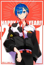 Rule 34 | !, !!, 1boy, 2021, :&gt;, absurdres, animal print, belt, black jacket, black pants, blue eyes, blue hair, collared shirt, commentary request, cow print, cropped legs, dated, earrings, gold earrings, hair between eyes, hair ornament, hairpin, happy new year, highres, jacket, jewelry, kaito (vocaloid), looking at viewer, male focus, mountain, new year, pants, red background, red belt, shio ice, shirt, short hair, single earring, smile, twitter username, upper body, vocaloid