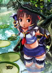 Rule 34 | 1girl, :o, armor, brown eyes, brown hair, capcom, character request, crop top, frog, hairband, hand on own hip, highres, hip focus, md5 mismatch, midriff, monster hunter, monster hunter (series), monster hunter frontier, navel, panties, pointing, rathian, reflection, resolution mismatch, skirt, solo, source smaller, striped clothes, striped panties, sword, thighhighs, underwear, v-mag, wading, water, weapon