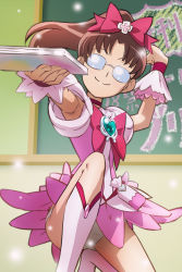 Rule 34 | 1girl, armpit peek, armpits, boots, bow, brooch, chalkboard, cosplay, cure blossom, cure blossom (cosplay), drama club president (heartcatch precure!), foreshortening, glasses, hair bow, hair up, hanasaki tsubomi, haruyama kazunori, heart, heart brooch, heartcatch precure!, jewelry, knee boots, kneeling, light particles, magical girl, on one knee, panties, pantyshot, ponytail, precure, solo, underwear, upskirt