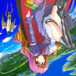 Rule 34 | 1girl, bird, black panties, boots, breasts, cape, cross-laced footwear, day, dress, falcon, female focus, flying, gradient hair, high heels, highres, hijiri byakuren, kado, lace-up boots, large breasts, long hair, multicolored hair, panties, scenery, shoes, sky, smile, solo, sorcerer&#039;s sutra scroll, thigh boots, thighhighs, thighs, touhou, underwear, yellow eyes