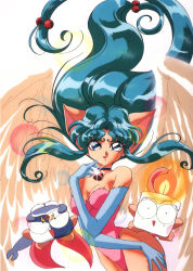 Rule 34 | 1990s (style), 1girl, :d, angel wings, animal ears, blue eyes, blue hair, breasts, candle, cat ears, cat tail, choker, cleavage, elbow gloves, fur, gloves, green hair, hair bobbles, hair ornament, highleg, highleg leotard, highres, hip focus, houma hunter lime, leotard, lime (houma hunter lime), lipstick, long hair, low-tied long hair, makeup, matching hair/eyes, nakajima atsuko, no bra, open mouth, retro artstyle, smile, solo, sparkle, standing, tail, very long hair, wide hips, wings