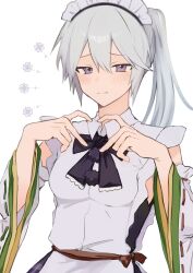 Rule 34 | 1girl, adapted costume, alternate costume, blue eyes, blush, closed mouth, daikara xx, detached sleeves, enmaided, grey hair, hair between eyes, heart, heart hands, highres, long hair, maid, maid headdress, mononobe no futo, ponytail, ribbon-trimmed sleeves, ribbon trim, simple background, solo, touhou, white background, white sleeves, wide sleeves