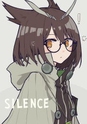 Rule 34 | !, 1girl, ahoge, arknights, black-framed eyewear, bob cut, brown hair, brown sweater, buttons, cape, card, closed mouth, commentary, double-breasted, grey background, grey cape, hair flaps, highres, jewelry, looking at viewer, necklace, owl ears, papaia (quentingqoo), semi-rimless eyewear, short hair, silence (arknights), solo, string, sweater, under-rim eyewear, upper body, yellow eyes
