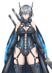 Rule 34 | 1girl, bakuchiku, black gloves, black leotard, blue eyes, breasts, cleavage, commentary request, cowboy shot, elbow gloves, gloves, grey hair, half-closed eyes, highres, large breasts, leotard, looking at viewer, mole, mole under eye, original, robot ears, short hair, simple background, solo, standing, virtual youtuber, weapon, weapon on back, white background