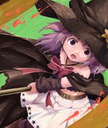 Rule 34 | 1girl, absurdres, arm warmers, belt, black cape, black hat, black shirt, black sleeves, brown belt, cape, criss-cross halter, crop top, detached sleeves, halterneck, hat, highres, holding, holding weapon, looking at viewer, magia record: mahou shoujo madoka magica gaiden, magical girl, mahou shoujo madoka magica, miniskirt, misono karin, monznyan, open mouth, pink ribbon, pleated skirt, print skirt, purple hair, ribbon, shirt, skirt, solo, star (symbol), star print, weapon, white skirt, wide-eyed, witch hat