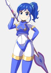 Rule 34 | 1girl, aikatsu!, aikatsu! (series), arm behind back, arm up, blue eyes, blue hair, boots, breasts, closed mouth, cosplay, fumiki rikiya, hair ornament, hair scrunchie, highres, holding, holding weapon, kiriya aoi, fairy leviathan (mega man), looking at viewer, mega man (series), mega man zero (series), polearm, ponytail, scrunchie, side ponytail, simple background, smile, solo, spear, thigh boots, thighhighs, weapon, white background