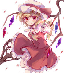 Rule 34 | 1girl, ascot, blonde hair, blush, bow, crystal, flandre scarlet, frilled shirt, frilled shirt collar, frilled skirt, frilled sleeves, frills, hat, hat ribbon, laevatein (touhou), medium hair, mob cap, one side up, outstretched arm, outstretched hand, pointy ears, puffy short sleeves, puffy sleeves, red bow, red eyes, red ribbon, red skirt, red vest, ribbon, shirt, short sleeves, skirt, solo, sorani (kaeru0768), touhou, vest, white background, white hat, white shirt, wings, yellow ascot