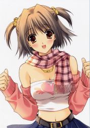 Rule 34 | 1girl, absurdres, arm warmers, bare shoulders, belt, blush, breasts, brown hair, cleavage, hair ornament, highres, jewelry, medium breasts, midriff, navel, necklace, open mouth, orange eyes, plaid, plaid scarf, scarf, short hair, short twintails, solo, strapless, suzuhira hiro, tube top, twintails, two side up
