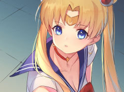 Rule 34 | 1girl, absurdres, bishoujo senshi sailor moon, blonde hair, blue eyes, blue sailor collar, blush, bow, breasts, choker, circlet, cleavage, collarbone, commentary request, crescent, crescent earrings, derivative work, earrings, hair ornament, hair over shoulder, heart, heart choker, highres, jewelry, long hair, meme, parted bangs, parted lips, red choker, sailor collar, sailor moon, sailor moon redraw challenge (meme), short sleeves, solo, teeth, tian115, tsukino usagi, twintails, upper body