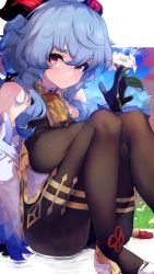 Rule 34 | 1girl, bare shoulders, bell, black gloves, blue hair, breasts, closed mouth, commentary, cowbell, day, detached sleeves, flower, ganyu (genshin impact), genshin impact, gloves, goat horns, grass, hair between eyes, hand up, highres, holding, holding flower, horns, kashu (hizake), knees up, long hair, looking at viewer, medium breasts, multicolored eyes, outdoors, pantyhose, sitting, solo, symbol-only commentary, water, wet, white footwear