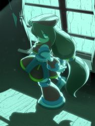 Rule 34 | 1girl, android, arms behind back, beret, breasts, brown hair, closed mouth, commentary request, curtains, dress, full body, gloves, green eyes, hair between eyes, hat, indoors, iris (mega man), long hair, looking at viewer, low-tied long hair, mega man (series), mega man x4, mega man x (series), napo, own hands clasped, own hands together, ponytail, rain, red dress, red hat, shadow, solo, standing, very long hair, white gloves, window