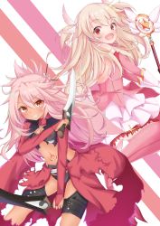 Rule 34 | 2girls, absurdres, blonde hair, blush, boots, breasts, chloe von einzbern, fate/kaleid liner prisma illya, fate (series), gloves, hair ornament, highres, holding, illyasviel von einzbern, kaleidostick, long hair, looking at viewer, magical girl, magical ruby, multiple girls, open mouth, pink hair, red eyes, rokita, skirt, small breasts, smile, sword, thighhighs, underwear, weapon, white gloves