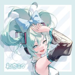 Rule 34 | 1girl, :d, alternate hairstyle, aqua eyes, aqua hair, aqua nails, aqua necktie, arm up, bare shoulders, blue bow, bow, breasts, character name, cinnamiku, collared shirt, detached sleeves, drop shadow, fang, from side, hair between eyes, hair bow, hair rings, hatsune miku, headphones, highres, jiu ye sang, looking at viewer, looking to the side, nail polish, necktie, open mouth, outside border, see-through silhouette, shirt, skin fang, smile, solo, striped, striped background, uneven eyes, updo, upper body, vocaloid