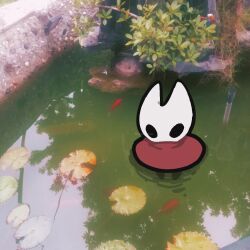 Rule 34 | 1girl, afloat, alicezakat, arthropod girl, artist name, black eyes, blank eyes, cloak, day, female focus, fish, high collar, highres, hollow knight, hornet (hollow knight), jaggy lines, lily pad, outdoors, partially submerged, photo background, plant, pond, red cloak, reflection, reflective water, ripples, sketch, solo, twitter username, water, watermark