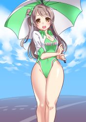 Rule 34 | 10s, 1girl, breasts, brown eyes, brown hair, cleavage, jacket, kugata1, long hair, love live!, love live! school idol project, medium breasts, minami kotori, open mouth, race queen, solo, swimsuit, umbrella