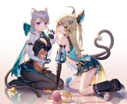 Rule 34 | 2girls, :d, animal, animal ear fluff, animal ears, aqua bow, arm support, bare shoulders, black dress, black footwear, black gloves, black pantyhose, blonde hair, boots, bow, braid, breasts, cat, cat ears, claw pose, cleavage, commentary request, detached sleeves, dress, fang, genshin impact, gloves, green eyes, grey hair, hair ornament, hairclip, half updo, hand up, highres, juliet sleeves, kirara (genshin impact), kneeling, lightria, long hair, long sleeves, looking at viewer, lynette (genshin impact), medium breasts, midriff, multiple girls, navel, open mouth, pantyhose, puffy sleeves, purple eyes, shrug (clothing), sidelocks, sitting, skin fang, smile, stomach, thighs, very long hair, wariza