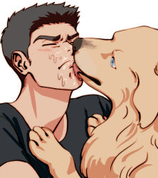 Rule 34 | 1boy, aiue oh, animalization, ao isami, black hair, black shirt, blue eyes, blush, closed eyes, commentary request, dog, lewis smith, licking, licking another&#039;s face, male focus, saliva, shirt, short hair, short sleeves, simple background, upper body, white background, yellow fur, yuuki bakuhatsu bang bravern