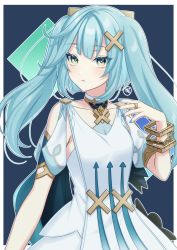 Rule 34 | 1girl, absurdres, bare shoulders, blue hair, bracelet, commentary request, dress, faruzan (genshin impact), genshin impact, green eyes, hair ornament, hand up, highres, jewelry, long hair, looking at viewer, parted lips, pochimaru (marumaru wanwan), solo, symbol-shaped pupils, triangle-shaped pupils, twintails, upper body, white dress, x hair ornament