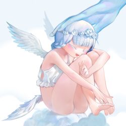 Rule 34 | 1girl, angel, ass, bare shoulders, barefoot, blue background, blue hair, blush, braid, camisole, closed eyes, cloud, collarbone, colored eyelashes, crop top, disembodied hand, feathered wings, feet, female focus, flower, flower wreath, full body, hand on another&#039;s head, happy, headpat, highres, hugging own legs, jpeg artifacts, kaede (shijie heping), knees up, multiple wings, open mouth, original, panties, rose, short hair, simple background, sitting, smile, solo focus, spaghetti strap, underwear, underwear only, white flower, white panties, white rose, white wings, wings