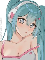 Rule 34 | 1girl, aqua hair, artist name, bare shoulders, blue eyes, blush, breasts, cleavage, closed mouth, collarbone, hair ornament, hairclip, hatsune miku, head tilt, headphones, heart, heart hair ornament, highres, lipstick, long hair, looking at viewer, makeup, medium breasts, simple background, sleeveless, solo, strap slip, twintails, upper body, very long hair, vickie (cryingrobot), vocaloid, watermark, web address, white background